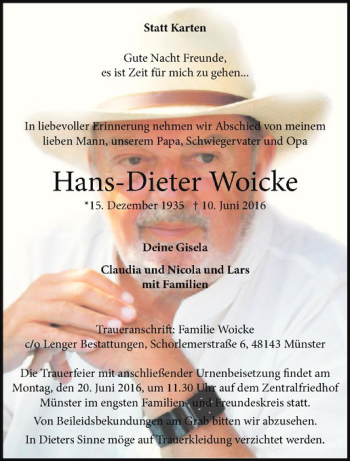 Anzeige von Hans-Dieter Woicke von Westfälische Nachrichten