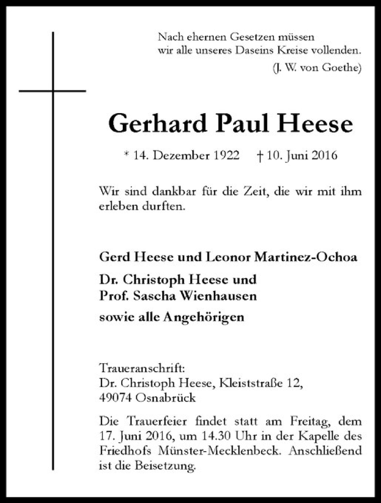  Traueranzeige für Gerhard Paul Heese vom 15.06.2016 aus Westfälische Nachrichten