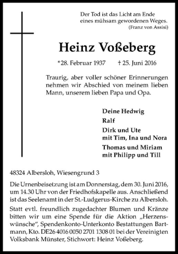 Anzeige von Heinz Voßeberg von Westfälische Nachrichten