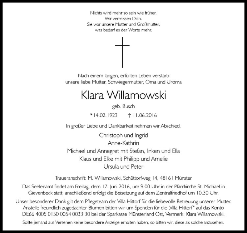  Traueranzeige für Klara Willamowski vom 14.06.2016 aus Westfälische Nachrichten