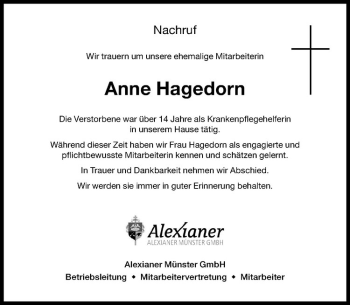 Anzeige von Anni Hagedorn von Westfälische Nachrichten
