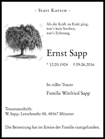 Anzeige von Ernst Sapp von Westfälische Nachrichten