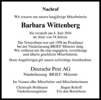 Anzeige von Barbara Wittenberg von Westfälische Nachrichten