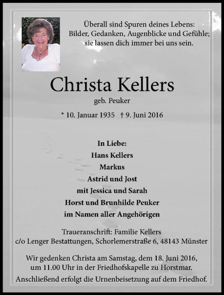 Traueranzeige für Christa Kellers vom 15.06.2016 aus Westfälische Nachrichten