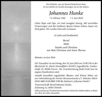 Anzeige von Johannes Hunke von Westfälische Nachrichten