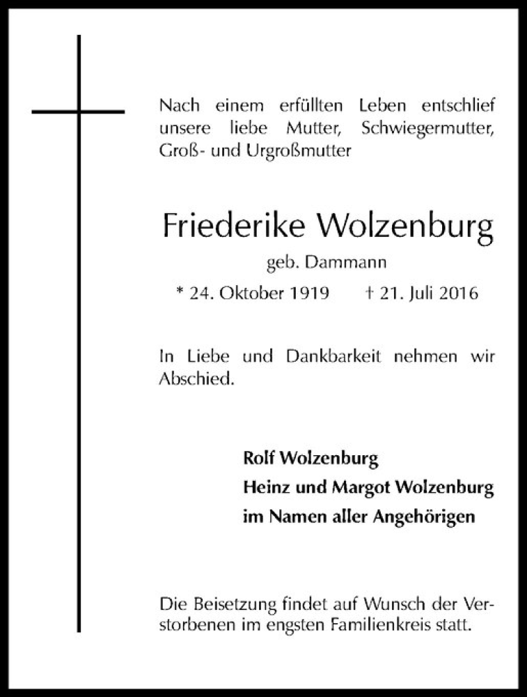 Traueranzeige für Friederike Wolzenburg vom 25.06.2016 aus Westfälische Nachrichten