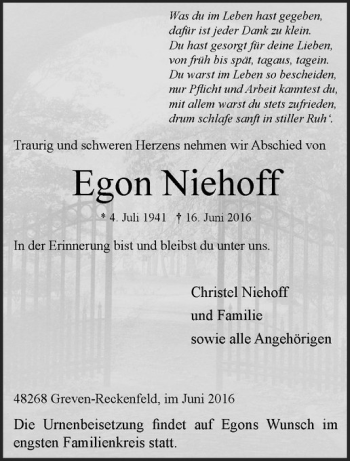 Anzeige von Egon Niehoff von Westfälische Nachrichten