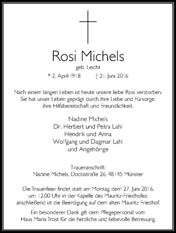 Anzeige von Rosi Michels von Westfälische Nachrichten