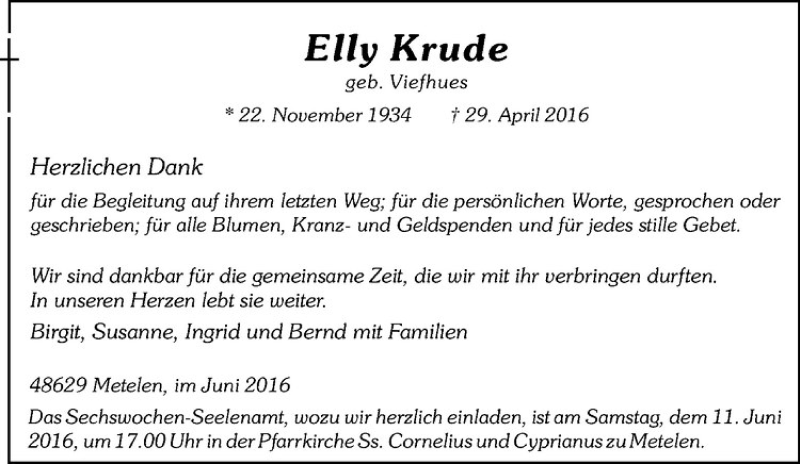  Traueranzeige für Elly Krude vom 09.06.2016 aus Westfälische Nachrichten