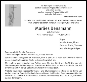 Anzeige von Marlies Bensmann von Westfälische Nachrichten