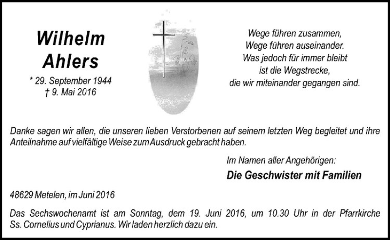  Traueranzeige für Wilhelm Ahlers vom 16.06.2016 aus Westfälische Nachrichten