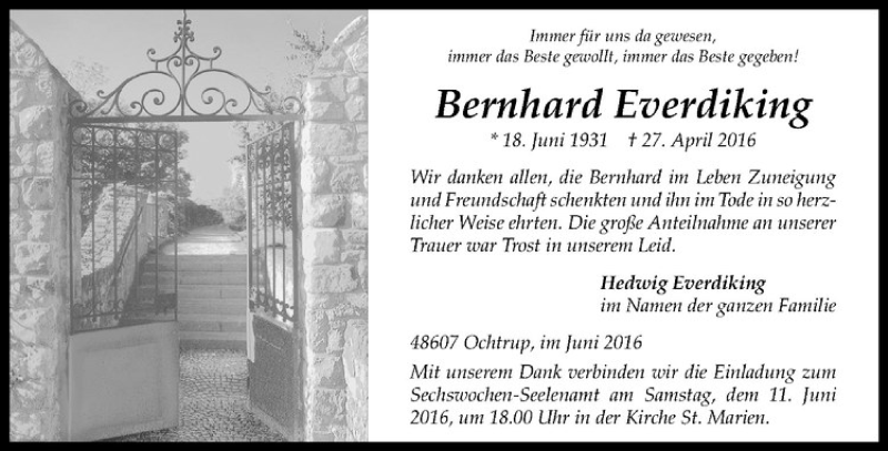  Traueranzeige für Bernhard Everdiking vom 08.06.2016 aus Westfälische Nachrichten