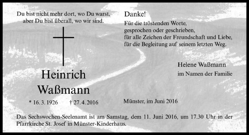  Traueranzeige für Heinrich Waßmann vom 04.06.2016 aus Westfälische Nachrichten