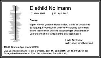 Anzeige von Diethild Nollmann von Westfälische Nachrichten