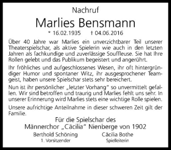 Anzeige von Marlies Bensmann von Westfälische Nachrichten