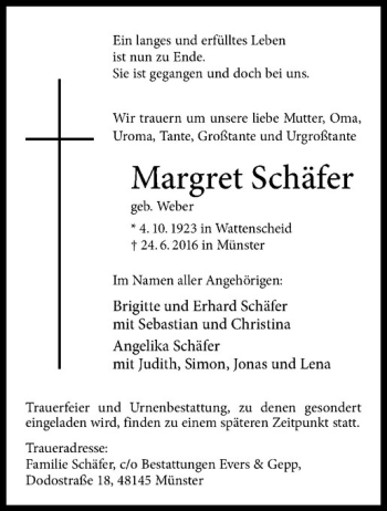 Anzeige von Margret Schäfer von Westfälische Nachrichten