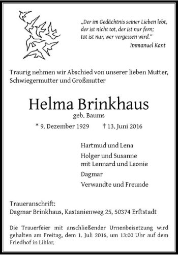 Anzeige von Helma Brinkhaus von Westfälische Nachrichten