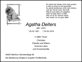 Anzeige von Agatha Deiters von Westfälische Nachrichten