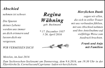 Anzeige von Regina Wähning von Westfälische Nachrichten
