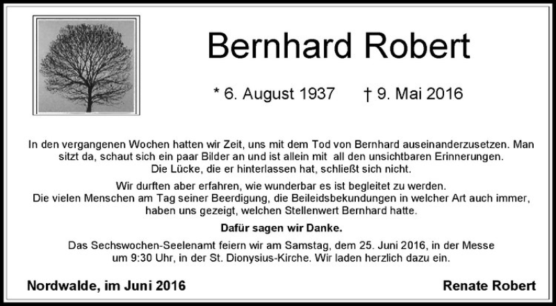 Traueranzeige für Bernhard Robert vom 18.06.2016 aus Westfälische Nachrichten