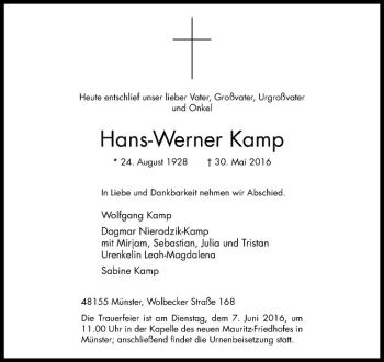 Anzeige von Hans-Werner Kamp von Westfälische Nachrichten