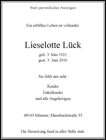 Anzeige von Lieselotte Lück von Westfälische Nachrichten