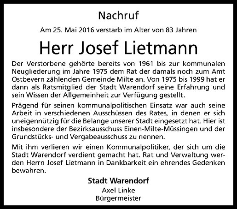  Traueranzeige für Josef Lietmann vom 01.06.2016 aus Westfälische Nachrichten