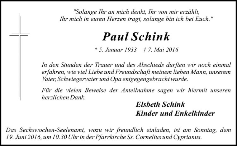  Traueranzeige für Paul Schink vom 15.06.2016 aus Westfälische Nachrichten