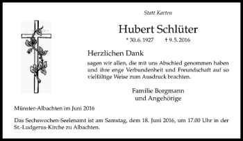 Anzeige von Hubert Schlüter von Westfälische Nachrichten