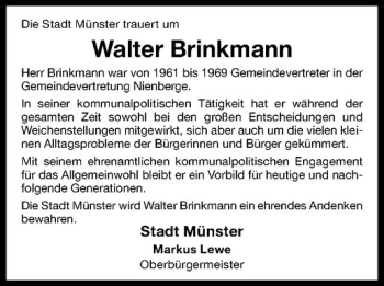 Anzeige von Walter Brinkmann von Westfälische Nachrichten
