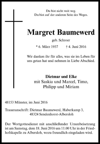 Anzeige von Margret Baumewerd von Westfälische Nachrichten