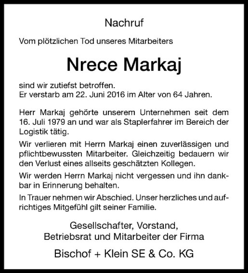  Traueranzeige für Nrece Markaj vom 28.06.2016 aus Westfälische Nachrichten