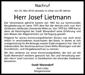 Anzeige von Josef Lietmann von Westfälische Nachrichten