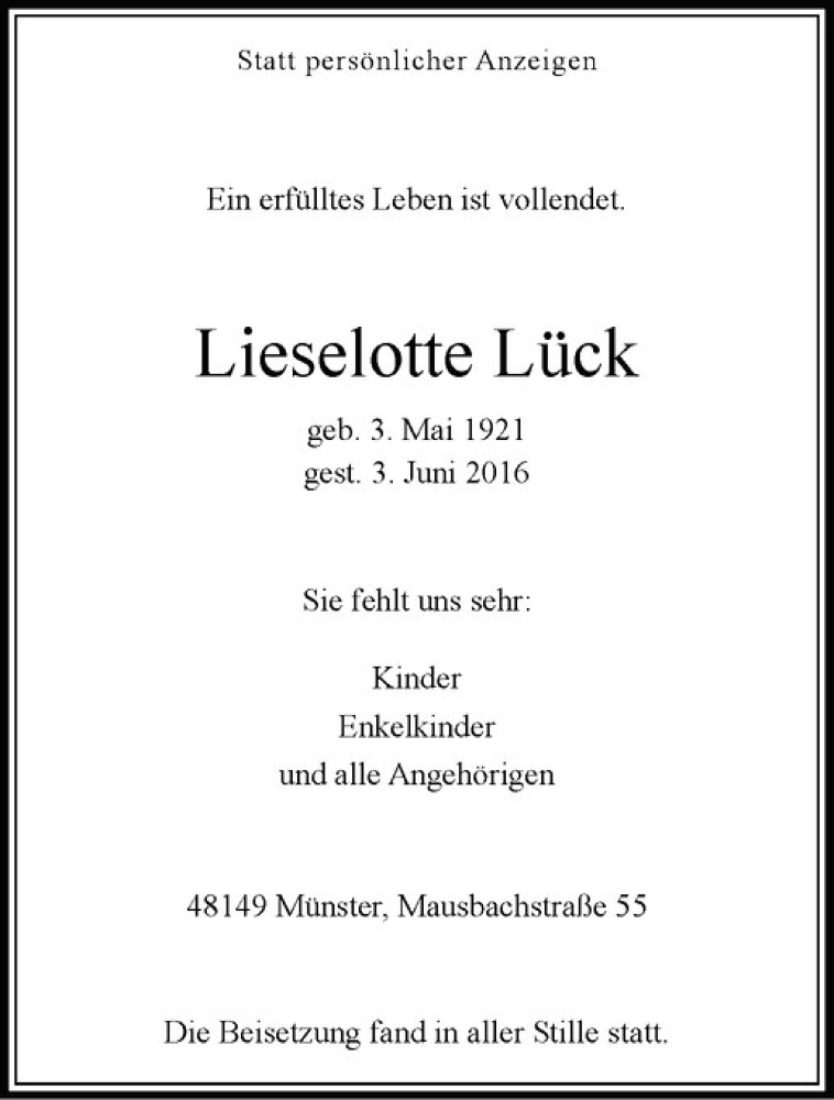  Traueranzeige für Lieselotte Lück vom 25.06.2016 aus Westfälische Nachrichten