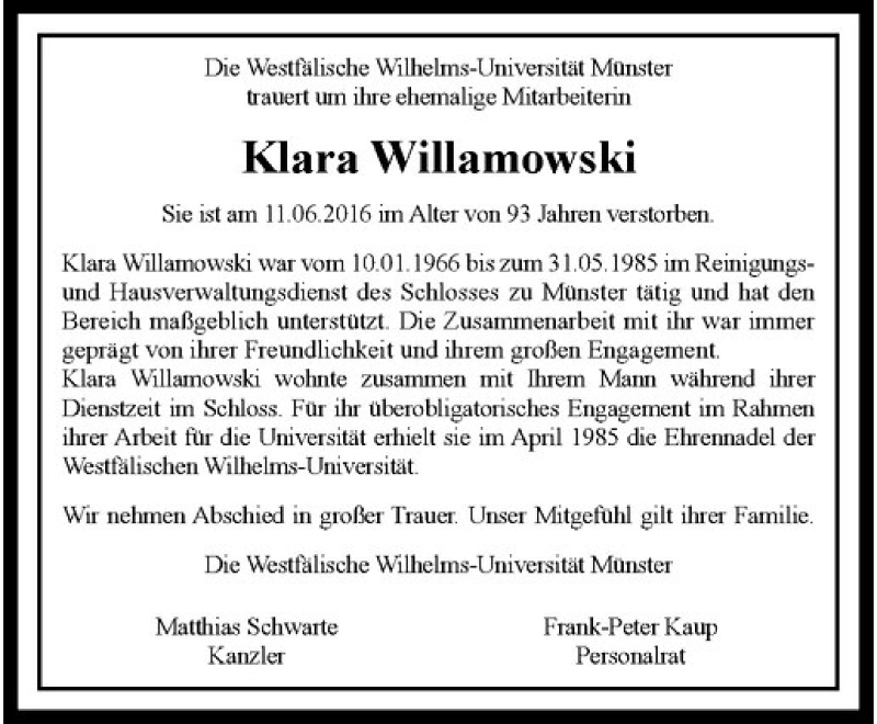  Traueranzeige für Klara Willamowski vom 25.06.2016 aus Westfälische Nachrichten