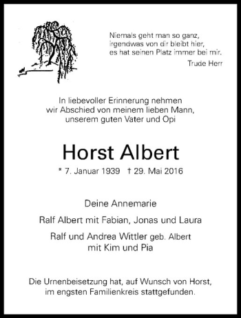 Anzeige von Horst Albert von Westfälische Nachrichten