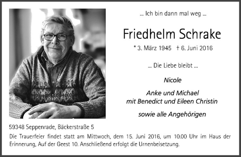  Traueranzeige für Friedhelm Schrake vom 11.06.2016 aus Westfälische Nachrichten