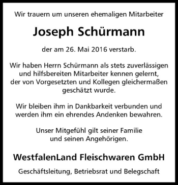 Anzeige von Joseph Schürmann von Westfälische Nachrichten
