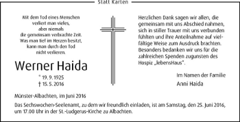 Anzeige von Werner Haida von Westfälische Nachrichten