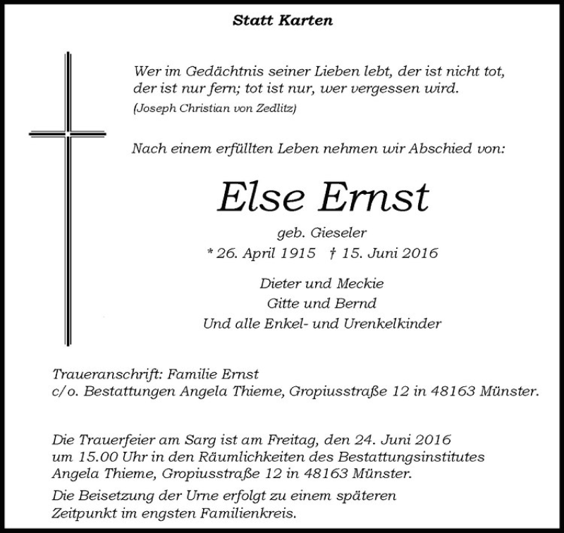  Traueranzeige für Else Ernst vom 18.06.2016 aus Westfälische Nachrichten