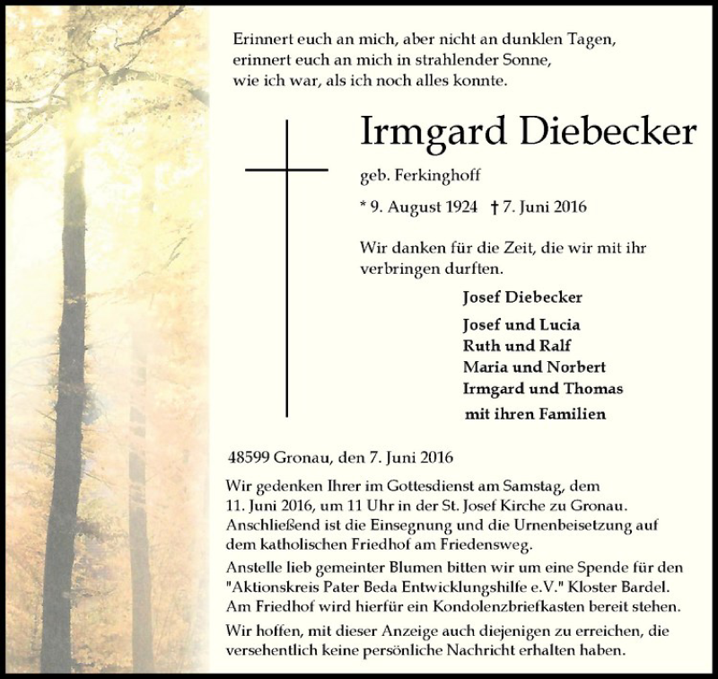  Traueranzeige für Irmgard Diebecker vom 09.06.2016 aus Westfälische Nachrichten