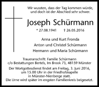 Anzeige von Joseph Schürmann von Westfälische Nachrichten