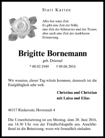 Anzeige von Brigitte Bornemann von Westfälische Nachrichten