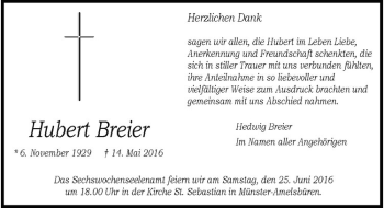 Anzeige von Hubert Breier von Westfälische Nachrichten