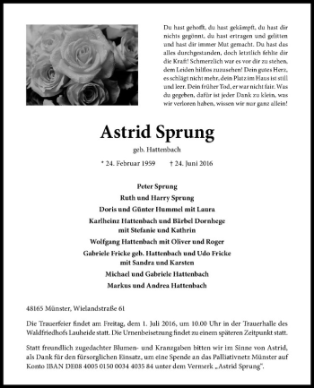 Anzeige von Astrid Sprung von Westfälische Nachrichten