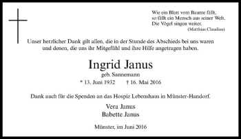 Anzeige von Ingrid Janus von Westfälische Nachrichten