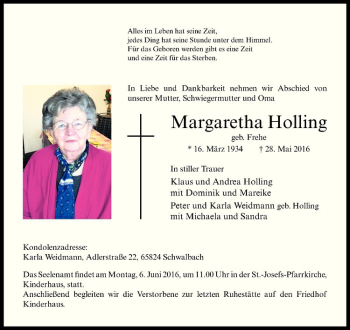 Anzeige von Margaretha Holling von Westfälische Nachrichten