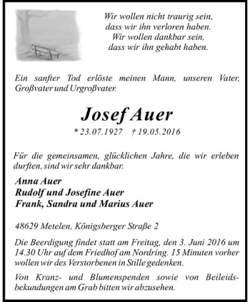 Anzeige von Josef Auer von Westfälische Nachrichten