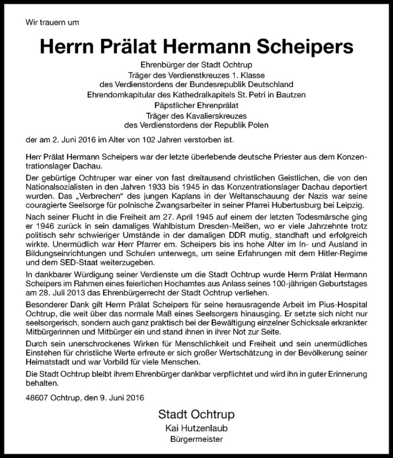  Traueranzeige für Hermann Scheipers vom 09.06.2016 aus Westfälische Nachrichten