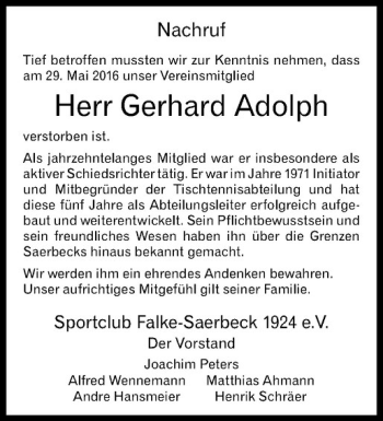 Anzeige von Gerhard Adolph von Westfälische Nachrichten